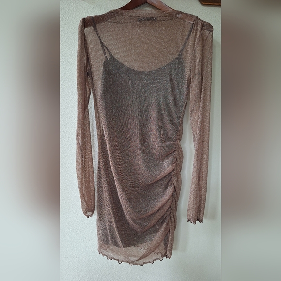 Zara Brown Sheer Mesh Sparkly Mini Dress Ruched Stretch Womens Size S - Picture 2 of 9